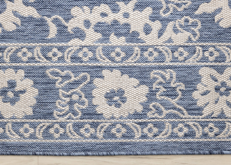 Tapis d'exterieur Cabana bleu et blanc a bordure elegante, 5'3\" x 7'7\"