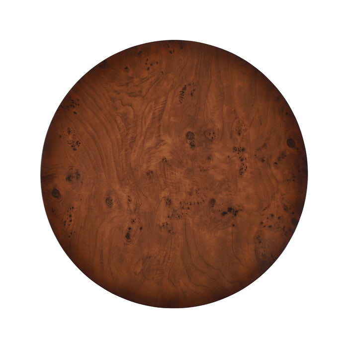 Table basse ronde moderne Lira 31,5 pouces placage bois a trois pieds cylindriques, brun