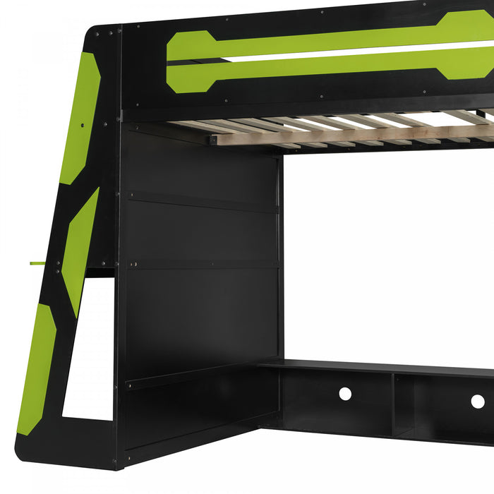 Olivia Lit mezzanine en bois avec bureau et etageres de rangement multiples, Lumiere RGB, Vert