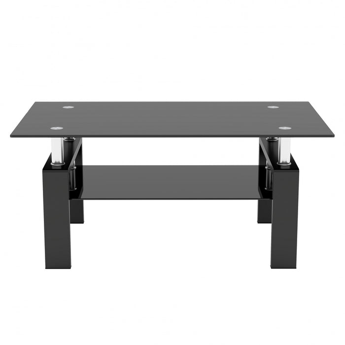 Table basse moderne rectangulaire en verre trempe transparent Liam, avec pieds noirs