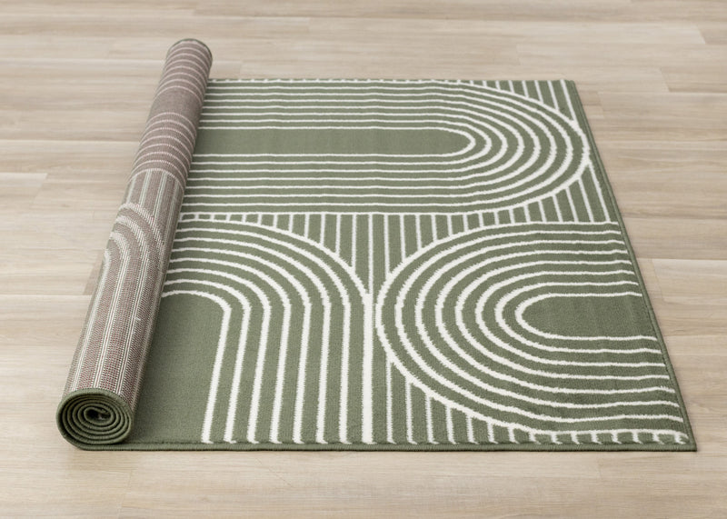 Carpette moderne Forte verte et blanche à motif d’arches géométriques - 5 pi 3 po x 7 pi 5 po