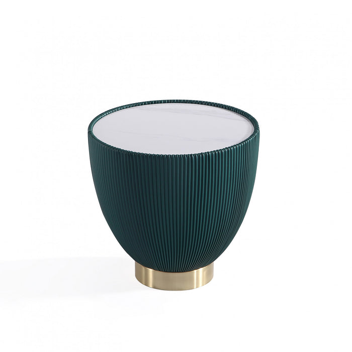 Table d’appoint Anderson moderne avec plateau en pierre frittee et revetement en tissu, vert – Lot de 2