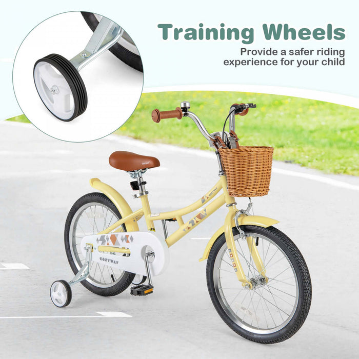 Costway 18\" Velo Enfants Avec Guidon Reglable En Hauteur Siege Panier Cloche Roues D'entrainement Jaune