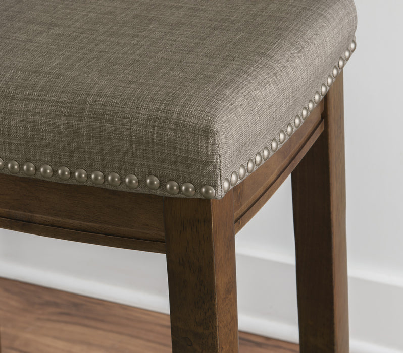 Tabouret Claridge de hauteur comptoir en tissu d’apparence lin, en forme de selle et sans dossier - brun foncé