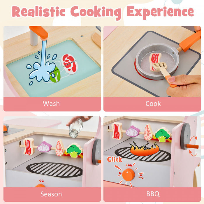 Cuisine Et Restaurant 2 En 1 Pour Enfants, Cuisine De Jeu Double Face Avec Cuisiniere, Four A Rotir, Barbecue, Auvent Reglable Et Robinet En Bois, Jeu De Role Pour Enfants De 3 A 8 Ans