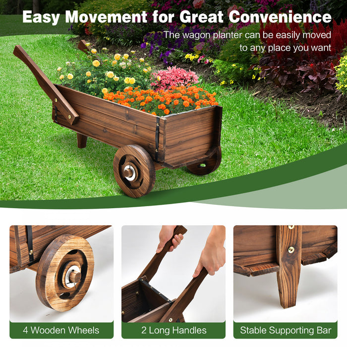 Jardiniere En Bois En Forme De Brouette, Chariot Decoratif Avec Roues, Poignees, Trou De Drainage, Support De Pot De Fleurs, Pot De Fleurs Rustique, Interieur Et Exterieur, Jardin, Terrasse, Balcon, Style Brouette