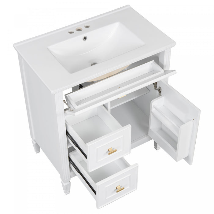 Olivia Meuble-lavabo de 30\" avec vasque en ceramique et bois caoutchouc massif, Blanc