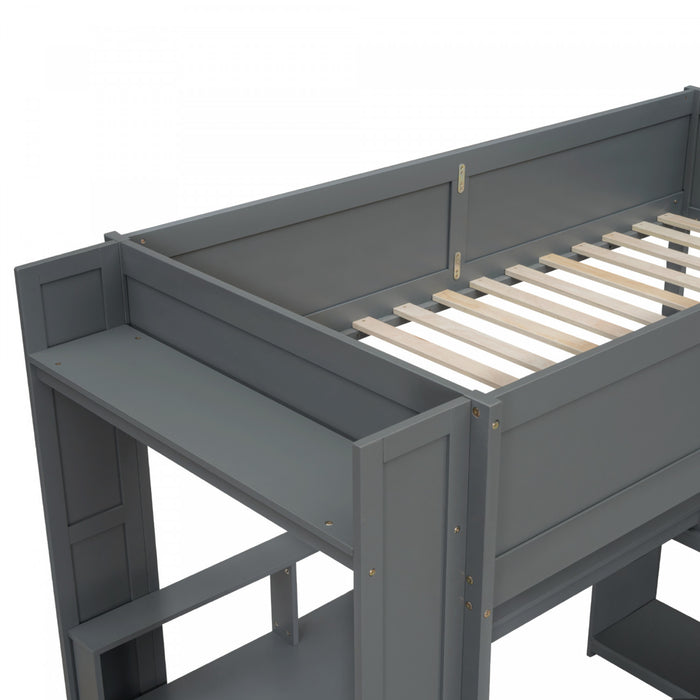 Jackson – Lit Mezzanine Simple En Bois Massif Avec Bureau, Etageres De Rangement, Eclairage Del Et Station De Recharge – Gris Fonce