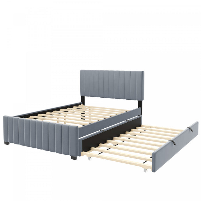 Lit plateforme Ethan rembourre en velours, gain de place, avec tiroir gigogne, taille full, gris