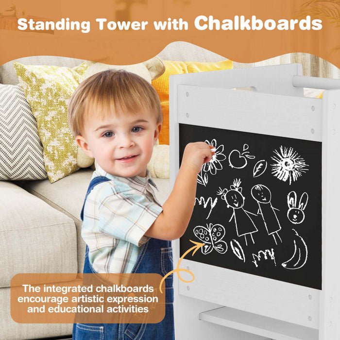 Tabouret D'etape De Cuisine Costway Pour Tout-petit Enfant Avec Tableau A Bois D'activite Reglable En Hauteur Et Rail De Securite Blanc