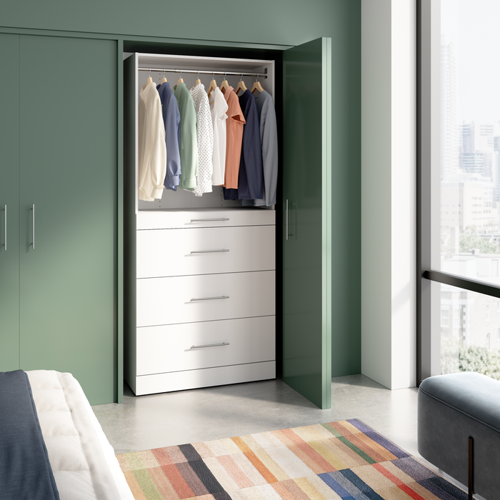 Système de tour garde-robe et pièce-penderie modulaire Florence de Bestar de 36 po avec tablettes et 4 tiroirs de style lisse - blanche