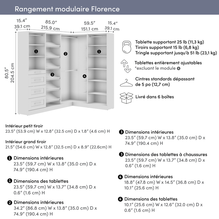 Système de pièce-penderie en forme de L modulaire Florence de Bestar de 85 po avec tringles, tablettes pour chaussures et rangement - blanc