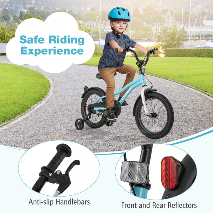 Velo Costway 16\" Pour Enfants Pour Garcons Et Filles De 4 A 7 Ans Avec Reflecteurs De Frein A Main Reglables Bleu