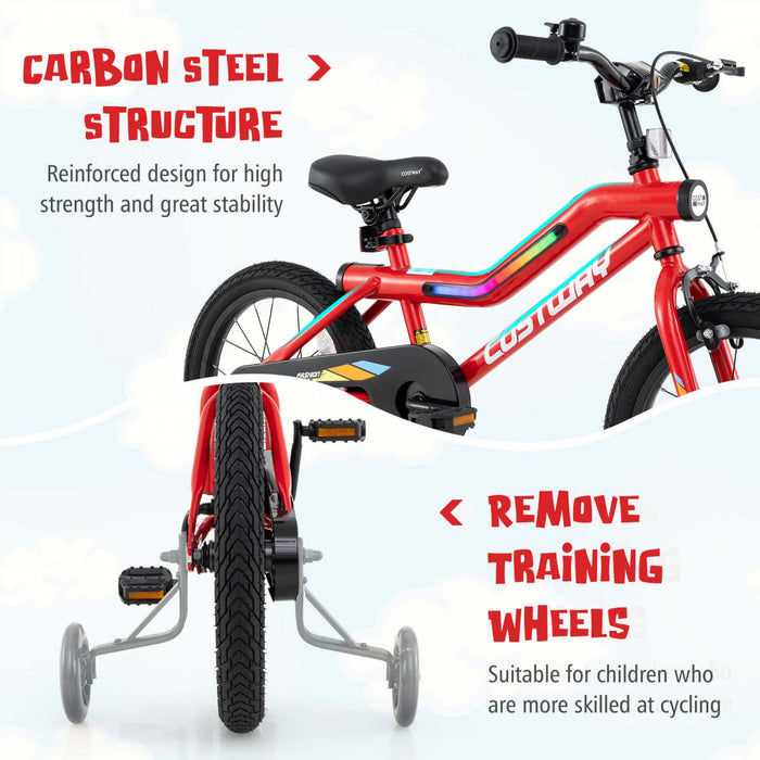 Costway 16\" Led Eclaire Velo Pour Enfants Avec Siege Reglable Coaster Frein Roues D'entrainement Rouge