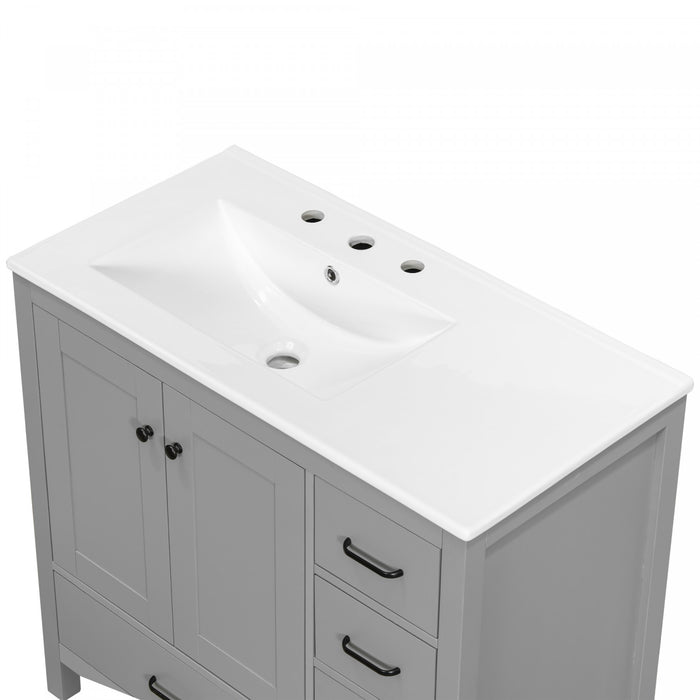 Meuble de salle de bain moderne Derek 36 pouces avec lavabo ceramique et rangement multiple, gris
