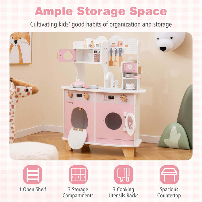 Costway Wooden Kids Kitchen Playset Pretendre Jouer Cuisine Avec Cafetiere Et Micro-ondes