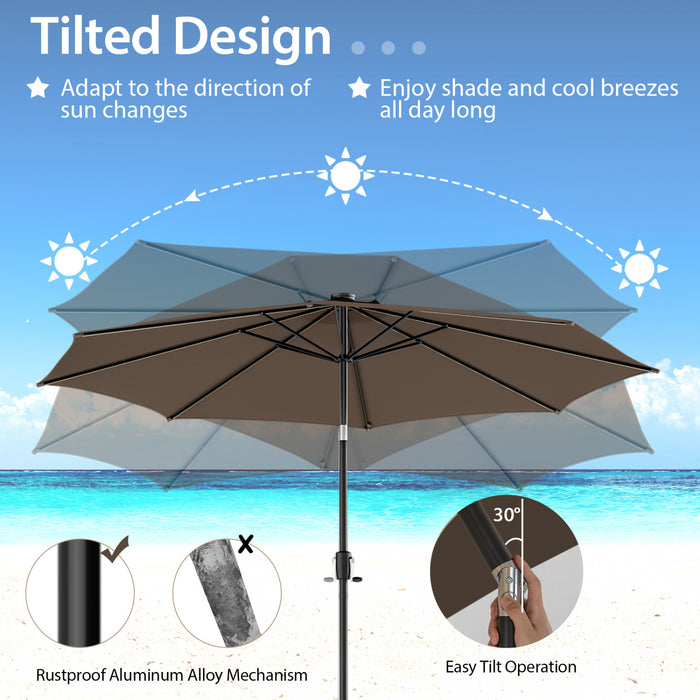 Costway Parasol de marche de patio 10 FT avec 112 LED solaire, inclinaison avec manivelle, exterieur couleur cafe