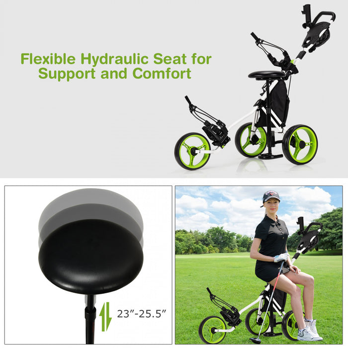 Goplus Pliant 3 Roues Golf Push Cart W/seat Tableau De Bord Poignee Reglable Vert