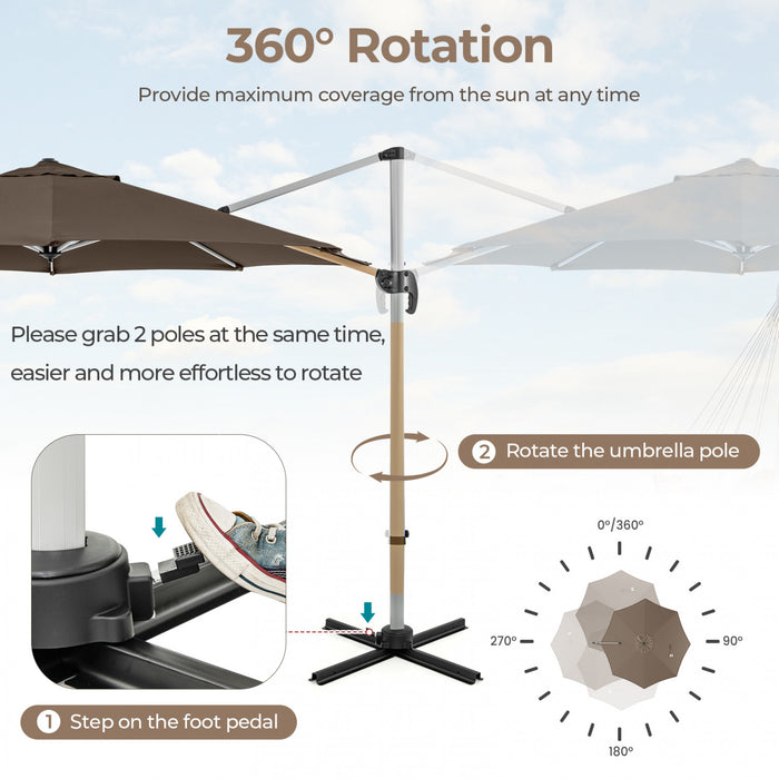 Costway Parasol d'exterieur rond a bras articule 11 pieds, avec rotation a 360° Marron