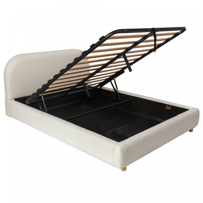 Lit plateforme Laurel avec coffre de rangement a levage hydraulique, tapisserie bouclee et espace de rangement cache sous le lit, taille Queen, blanc