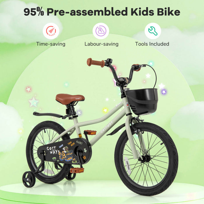 Costway 18\" Velo Pour Enfants Avec Roues D'entrainement Guidon Reglable Et Frein A Main Du Siege Vert
