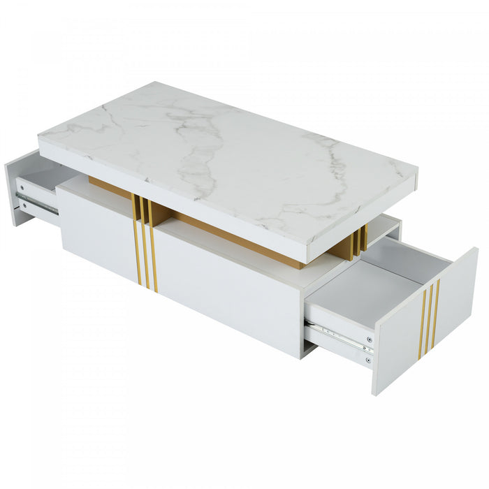 Noah table basse moderne – table avec plateau a motif marbre et tiroirs de rangement, blanc