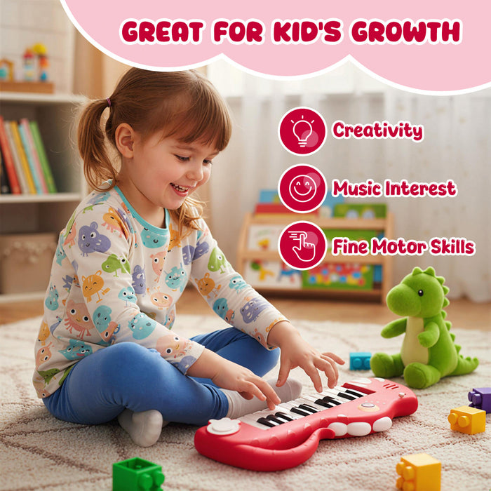Costway Clavier de Piano pour Enfants 25 Touches en Forme de Dinosaure, Jouet Piano Numerique avec Musique et Lumieres Integrees - Rouge