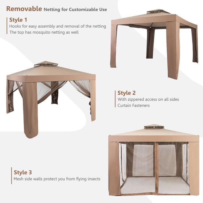 Tonnelle Pavillon De Jardin En Fer Et Polyester, Tente De Reception Avec Moustiquaire Et Toiles Laterales Amovibles Et Impermeables, Tente De Jardin A 4 Cotes 300 X 300 X 200/265 Cm, Beige&brun