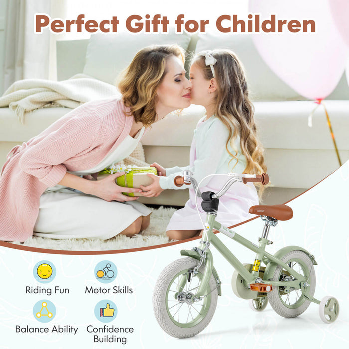 Costway 12\" Velo Pour Enfants Avec Guidon De Selle Reglable Roues D'entrainement Amovibles Frein A Main Vert
