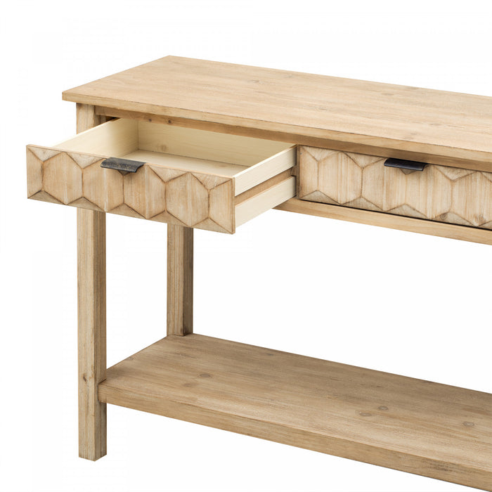 Table d'entree Oliver 60'' en placage de sapin avec design en nid d'abeille et tiroirs, naturel