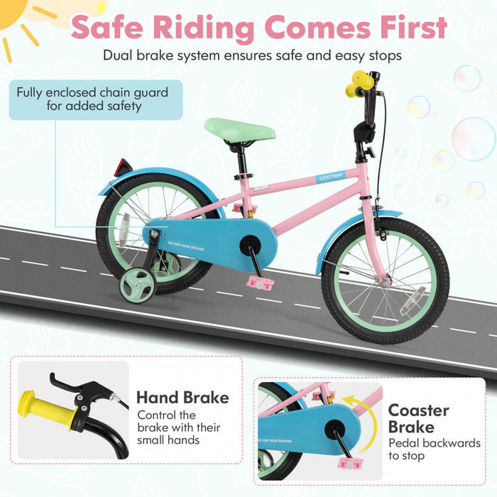 Costway 16\" Velo Pour Enfants Avec Guidon Reglable De Selle Roues D'entrainement Amovibles Frein A Main Rose