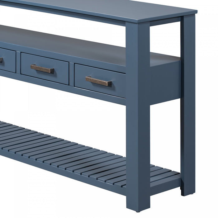 Table d'entree Ava 62,2'' avec tiroirs et etageres ouvertes, bleu marine