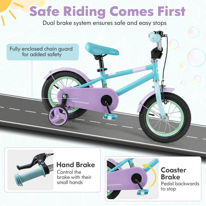 Costway 12\" Velo Pour Enfants Avec Guidon Reglable De Selle Roues D'entrainement Amovibles Frein A Main Bleu