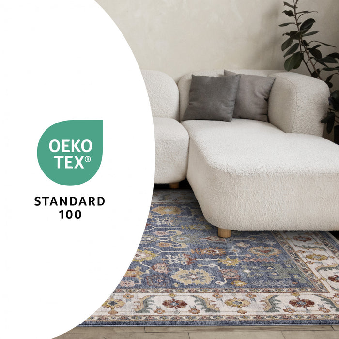 Tapis Olivia bleu a inspire tribal avec bordure, 5'3\" x 7'10\"