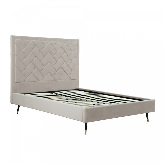 Lit Queen moderne Crosby en velours capitonne, coloris grege