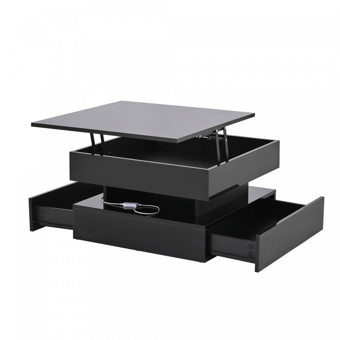 Oliver table basse relevable – table avec eclairage LED et 2 tiroirs, noir
