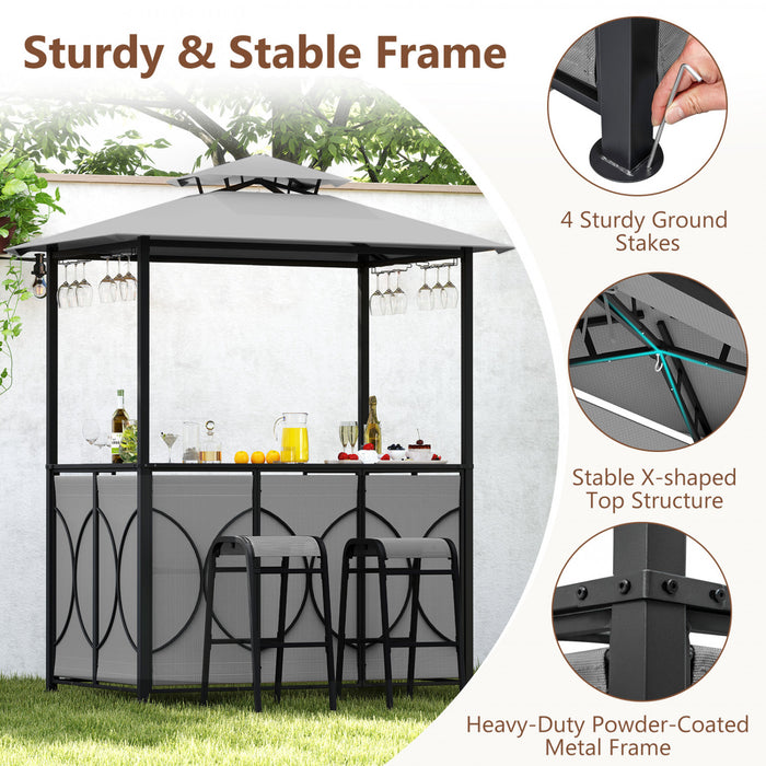 Costway 6.5 X 4 X 8 Ft Grill Gazebo Ensemble Avec 2 Tabourets De Bar, Table De Bar En Verre Trempe Gris
