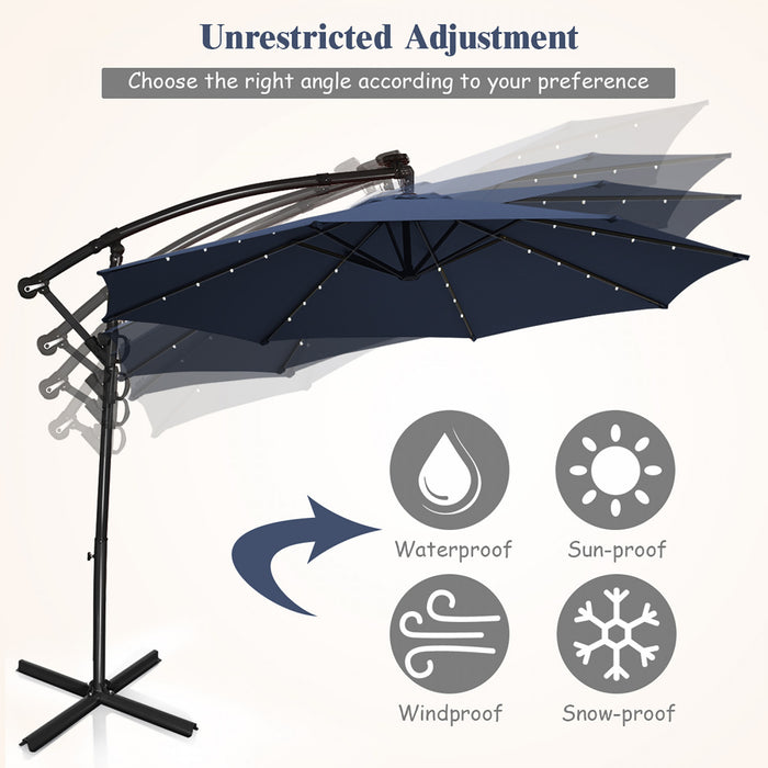 Costway Parasol deporte de patio de 10 pieds, alimente par energie solaire, LED, rotation a 360 degres, aluminium, bleu marine