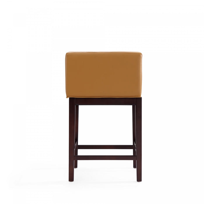 Tabouret de comptoir Kingsley style milieu du siecle en bois et tissu, coloris camel - Lot de 3