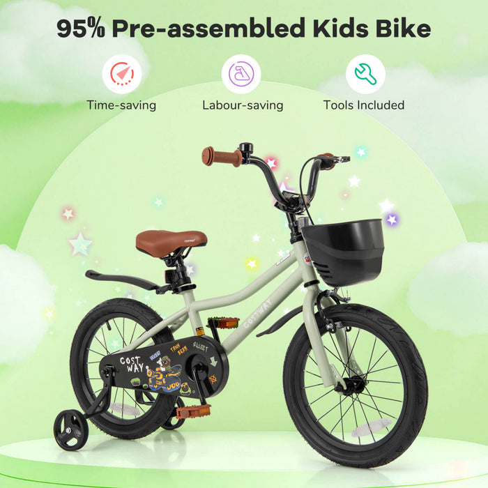 Costway 16\" Velo Pour Enfants Avec Roues D'entrainement Guidon Reglable Et Frein A Main Du Siege Vert