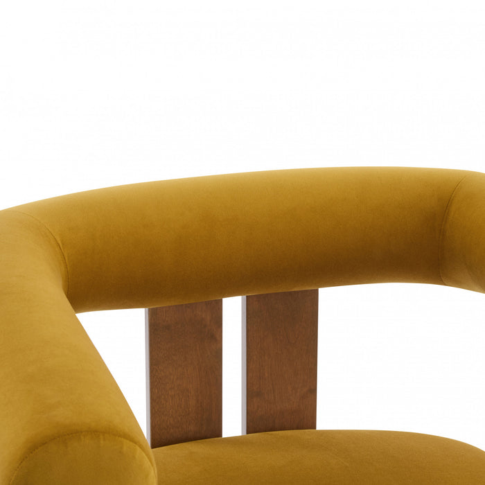 Crest Fauteuil d'Appoint Moderne a Accoudoirs Ronds et Pieds Triangulaires, Jaune Moutarde, Noyer