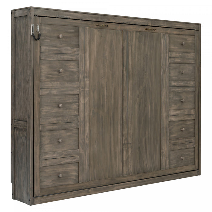 Lit escamotable Olivia en bois massif avec lumiere LED et armoire pliante, taille queen, marron