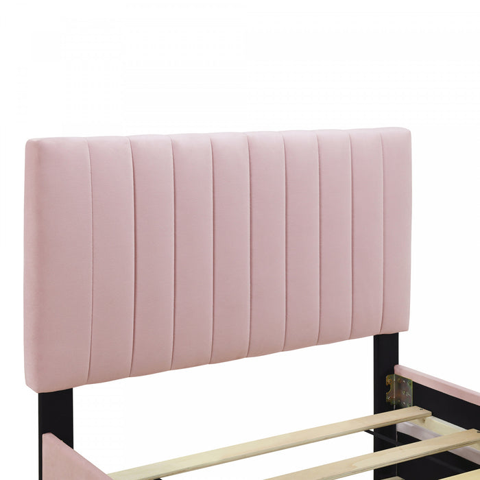 Lit plateforme Ethan rembourre en velours, gain de place, avec tiroir gigogne, taille simple, rose