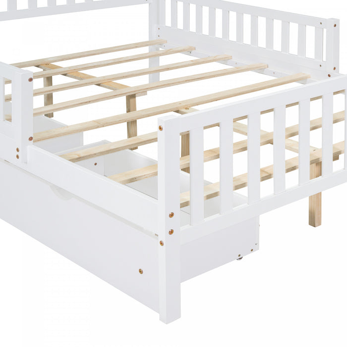 Emma – Lit Plateforme en Bois avec Barrieres de Protection et Tiroirs de Rangement, Format Double - Blanc