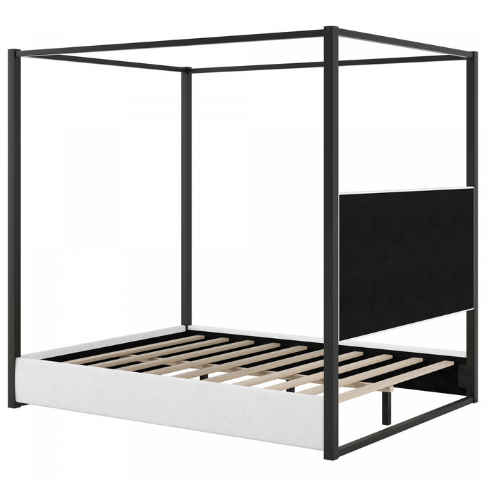 Lit plateforme Sophia a baldaquin avec tete de lit en mousse et velours, taille queen, noir