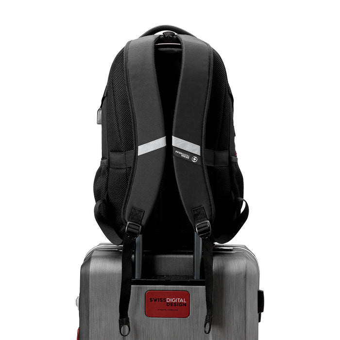 Sac a dos scolaire Swissdigital Meilen – Sac pour ordinateur portable de 17\", chargement USB, detecteur SDD, protection RFID, systeme Add-A-Bag, pret pour le voyage