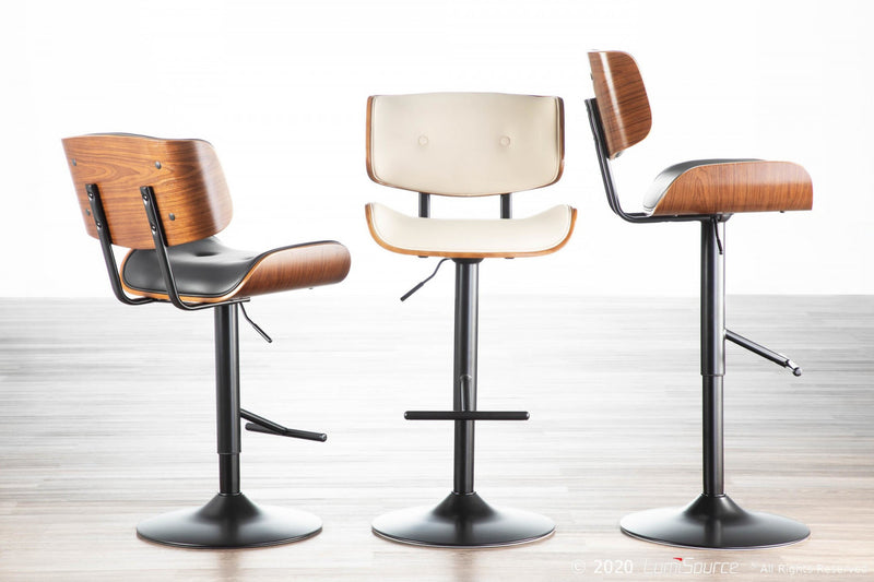 Tabouret bar réglable moderne du milieu du 20e siècle Lombardi en similicuir - noyer et crème