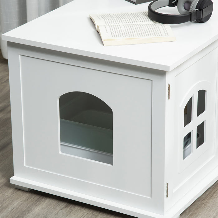 Pawhut Boite A Litiere Pour Chat Meuble Cache Pour Chat Toilette Interieure Pour Chat Table De Nuit A Double Porte Table D'extremite Avec Fenetre Pour Chat Blanc