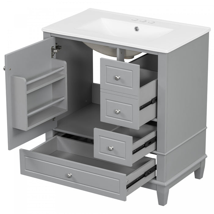 Emma Meuble-lavabo en bois massif de 30\" avec vasque en ceramique et porte a fermeture douce, Gris
