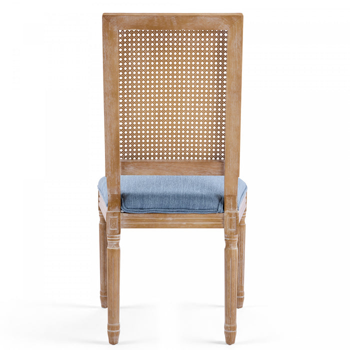 Oliver lot de 2 chaises de salle a manger en bois massif (hevea) avec assise rembourree, dossier en cannage et pieds canneles, bleu